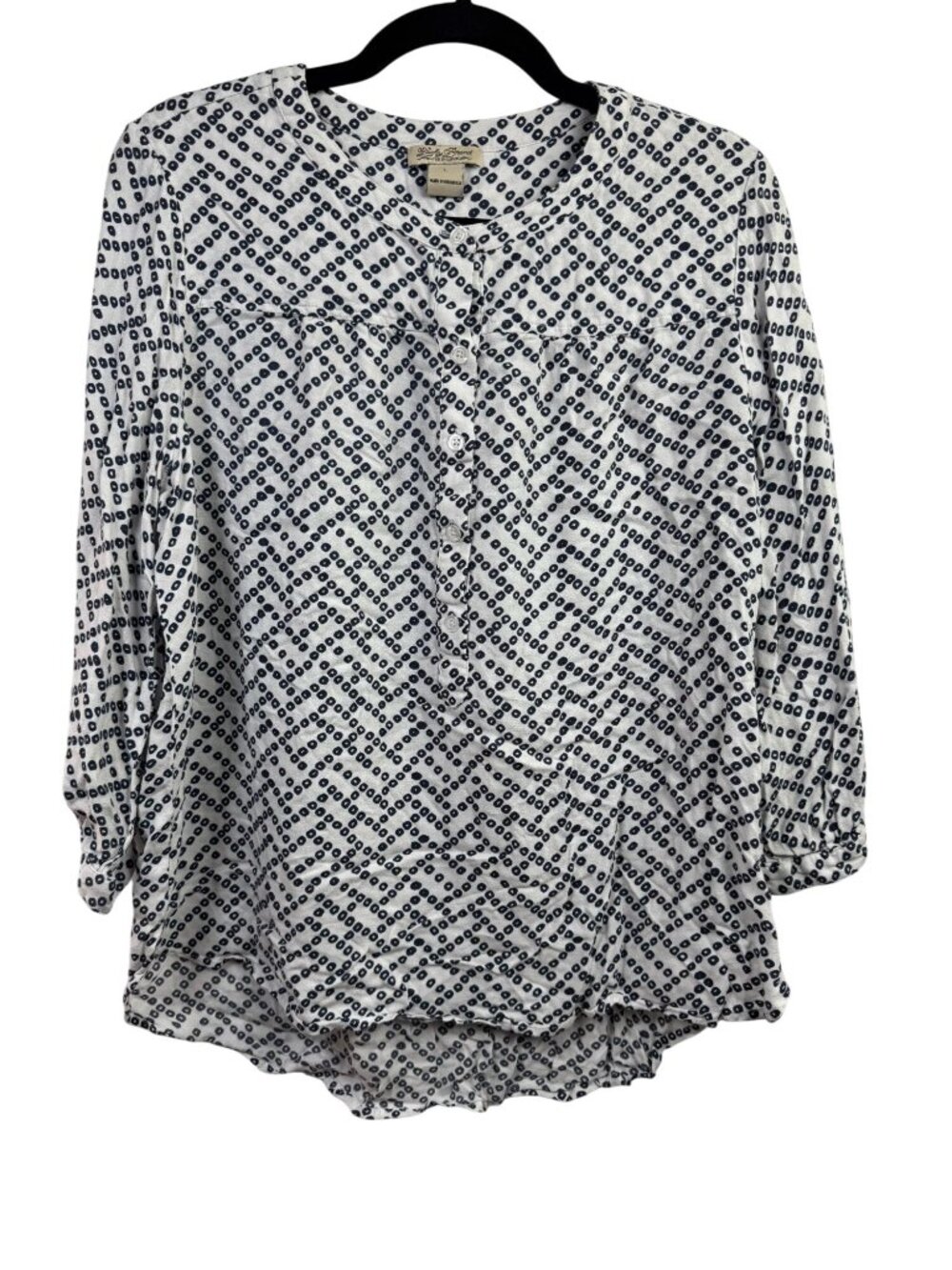 Lucky Brand Womens White Blue Popover Top Size Large 3/4 Sleeve Peasant Boho